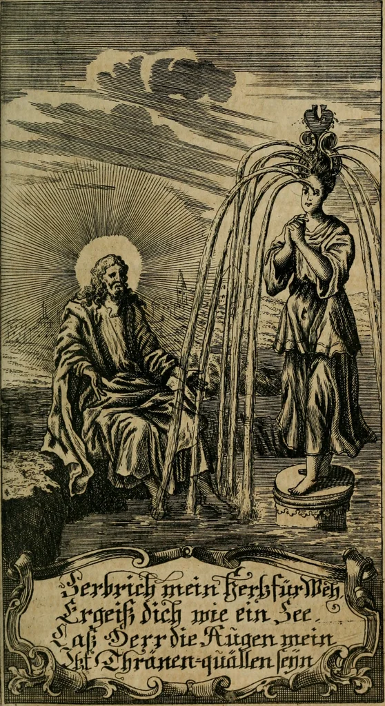 An illustration from D. Heinrich Müllers Thränen- und Trost-Quelle : bey Erklärung der Geschichte, von der grossen Sünderin ... anietzo aufs neue bey jeder Betrachtung mit Vorbereitungs- Busz- und Beicht-Gebeten versehen : samt einer Anweisung zur Sing- und Bibel-Andacht, ... und einer Vorrede Hn. D. Michael Reinhard, mit Kupffer-Stichen gezieret, 1724, leaf 302
