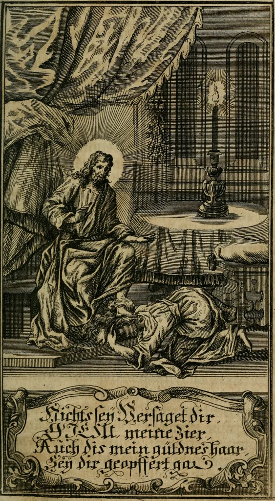 An illustration from D. Heinrich Müllers Thränen- und Trost-Quelle : bey Erklärung der Geschichte, von der grossen Sünderin ... anietzo aufs neue bey jeder Betrachtung mit Vorbereitungs- Busz- und Beicht-Gebeten versehen : samt einer Anweisung zur Sing- und Bibel-Andacht, ... und einer Vorrede Hn. D. Michael Reinhard, mit Kupffer-Stichen gezieret, 1724, leaf 394