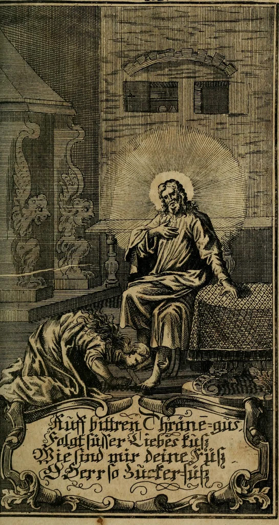 An illustration from D. Heinrich Müllers Thränen- und Trost-Quelle : bey Erklärung der Geschichte, von der grossen Sünderin ... anietzo aufs neue bey jeder Betrachtung mit Vorbereitungs- Busz- und Beicht-Gebeten versehen : samt einer Anweisung zur Sing- und Bibel-Andacht, ... und einer Vorrede Hn. D. Michael Reinhard, mit Kupffer-Stichen gezieret, 1724, leaf 448