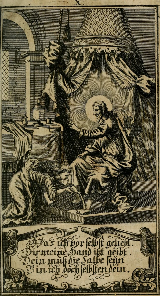 An illustration from D. Heinrich Müllers Thränen- und Trost-Quelle : bey Erklärung der Geschichte, von der grossen Sünderin ... anietzo aufs neue bey jeder Betrachtung mit Vorbereitungs- Busz- und Beicht-Gebeten versehen : samt einer Anweisung zur Sing- und Bibel-Andacht, ... und einer Vorrede Hn. D. Michael Reinhard, mit Kupffer-Stichen gezieret, 1724, leaf 486