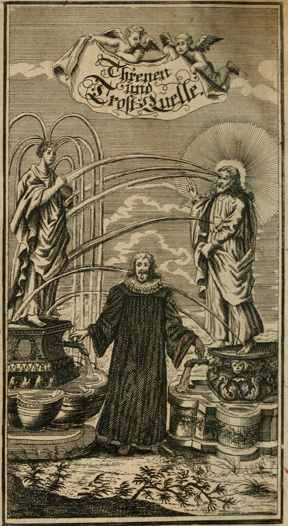 An illustration from D. Heinrich Müllers Thränen- und Trost-Quelle : bey Erklärung der Geschichte, von der grossen Sünderin ... anietzo aufs neue bey jeder Betrachtung mit Vorbereitungs- Busz- und Beicht-Gebeten versehen : samt einer Anweisung zur Sing- und Bibel-Andacht, ... und einer Vorrede Hn. D. Michael Reinhard, mit Kupffer-Stichen gezieret, 1724, leaf 5