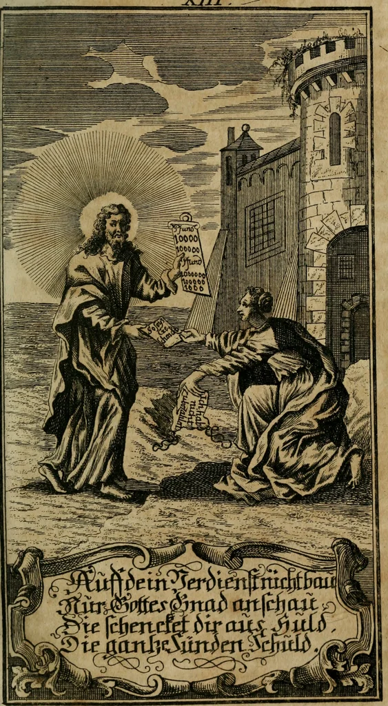 An illustration from D. Heinrich Müllers Thränen- und Trost-Quelle : bey Erklärung der Geschichte, von der grossen Sünderin ... anietzo aufs neue bey jeder Betrachtung mit Vorbereitungs- Busz- und Beicht-Gebeten versehen : samt einer Anweisung zur Sing- und Bibel-Andacht, ... und einer Vorrede Hn. D. Michael Reinhard, mit Kupffer-Stichen gezieret, 1724, leaf 694