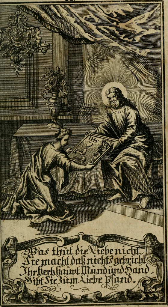 An illustration from D. Heinrich Müllers Thränen- und Trost-Quelle : bey Erklärung der Geschichte, von der grossen Sünderin ... anietzo aufs neue bey jeder Betrachtung mit Vorbereitungs- Busz- und Beicht-Gebeten versehen : samt einer Anweisung zur Sing- und Bibel-Andacht, ... und einer Vorrede Hn. D. Michael Reinhard, mit Kupffer-Stichen gezieret, 1724, leaf 806