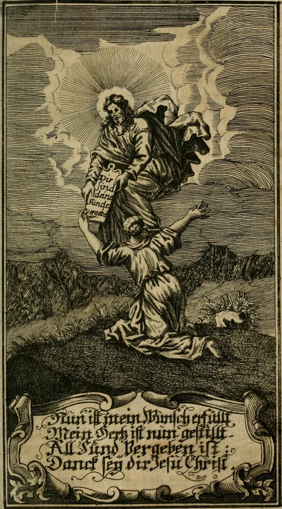 An illustration from D. Heinrich Müllers Thränen- und Trost-Quelle : bey Erklärung der Geschichte, von der grossen Sünderin ... anietzo aufs neue bey jeder Betrachtung mit Vorbereitungs- Busz- und Beicht-Gebeten versehen : samt einer Anweisung zur Sing- und Bibel-Andacht, ... und einer Vorrede Hn. D. Michael Reinhard, mit Kupffer-Stichen gezieret, 1724, leaf 890