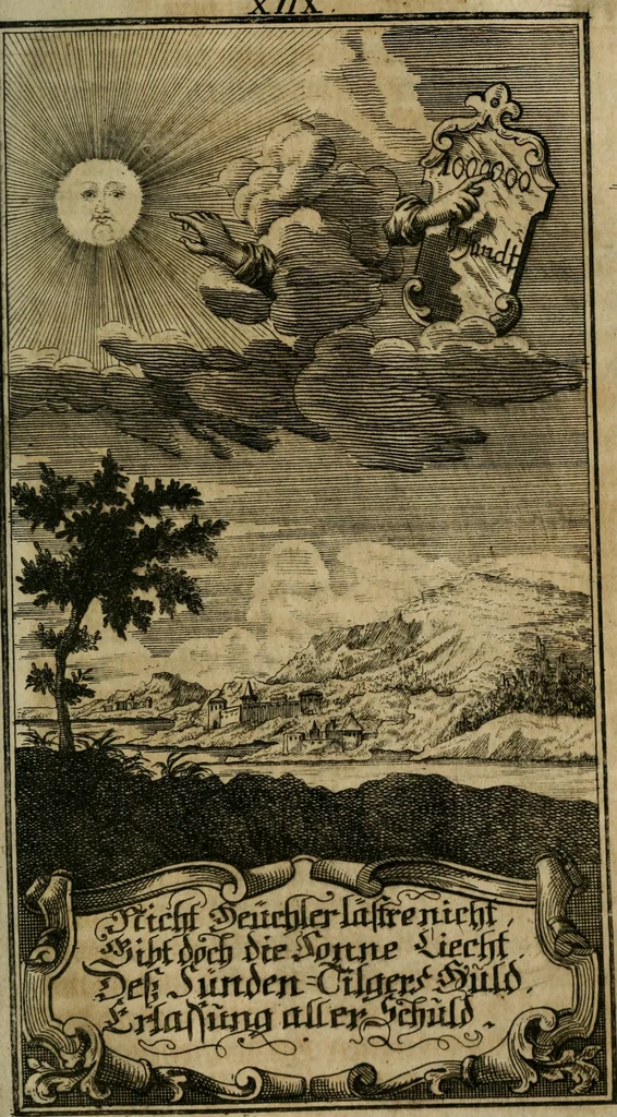 An illustration from D. Heinrich Müllers Thränen- und Trost-Quelle : bey Erklärung der Geschichte, von der grossen Sünderin ... anietzo aufs neue bey jeder Betrachtung mit Vorbereitungs- Busz- und Beicht-Gebeten versehen : samt einer Anweisung zur Sing- und Bibel-Andacht, ... und einer Vorrede Hn. D. Michael Reinhard, mit Kupffer-Stichen gezieret, 1724, leaf 922