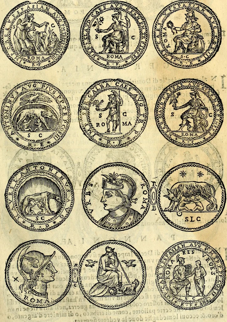 An illustration from Dialoghi di don Antonio Agostini archivescovo di Taracona, intorno alle medaglie, inscrittioni, & altre antichità, 1625, leaf 108