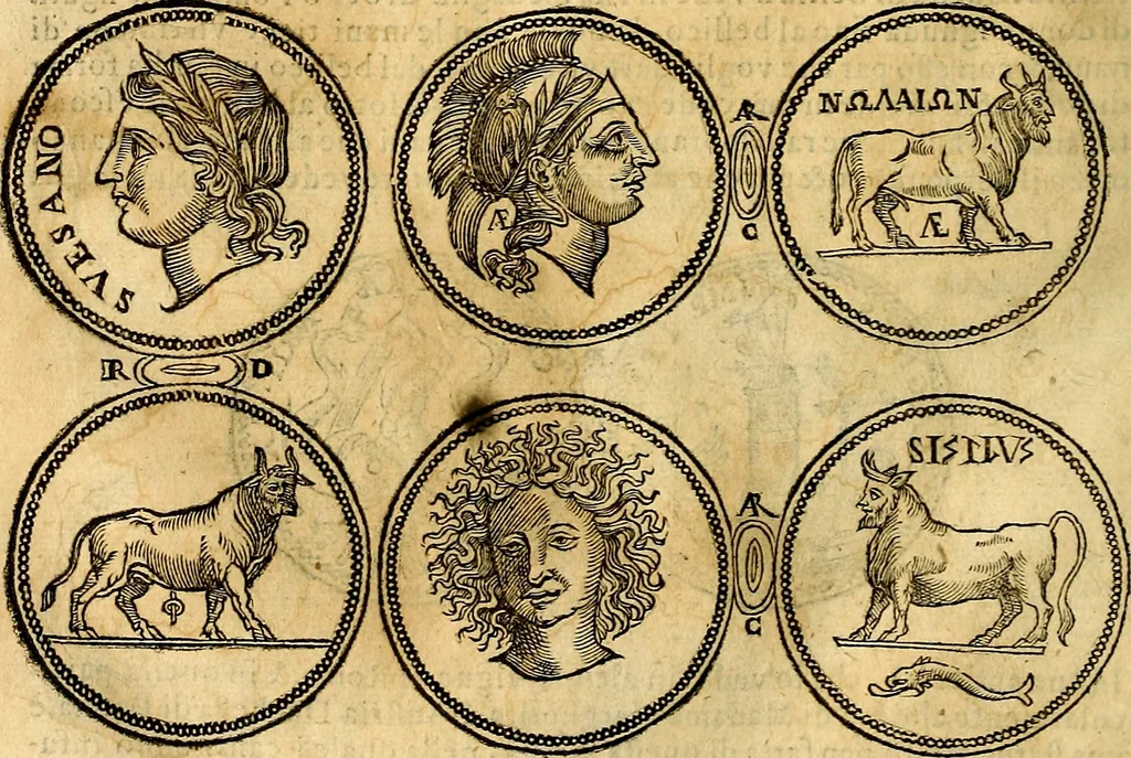An illustration from Dialoghi di don Antonio Agostini archivescovo di Taracona, intorno alle medaglie, inscrittioni, & altre antichità, 1625, leaf 175
