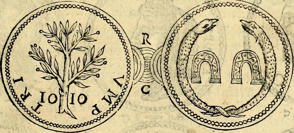 An illustration from Dialoghi di don Antonio Agostini archivescovo di Taracona, intorno alle medaglie, inscrittioni, & altre antichità, 1625, leaf 18