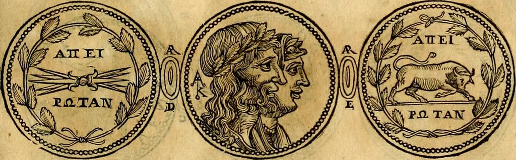 An illustration from Dialoghi di don Antonio Agostini archivescovo di Taracona, intorno alle medaglie, inscrittioni, & altre antichità, 1625, leaf 180