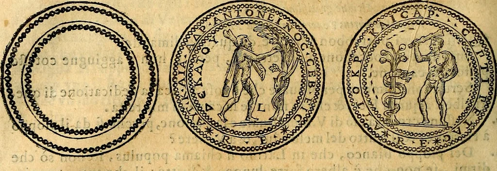 An illustration from Dialoghi di don Antonio Agostini archivescovo di Taracona, intorno alle medaglie, inscrittioni, & altre antichità, 1625, leaf 181
