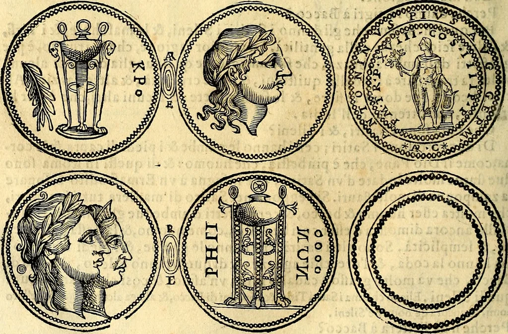 An illustration from Dialoghi di don Antonio Agostini archivescovo di Taracona, intorno alle medaglie, inscrittioni, & altre antichità, 1625, leaf 185