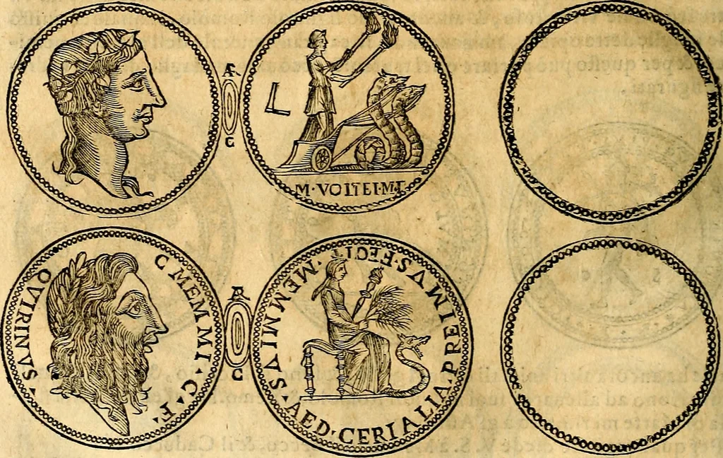 An illustration from Dialoghi di don Antonio Agostini archivescovo di Taracona, intorno alle medaglie, inscrittioni, & altre antichità, 1625, leaf 187