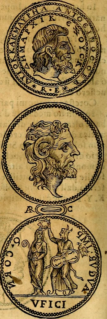 An illustration from Dialoghi di don Antonio Agostini archivescovo di Taracona, intorno alle medaglie, inscrittioni, & altre antichità, 1625, leaf 199