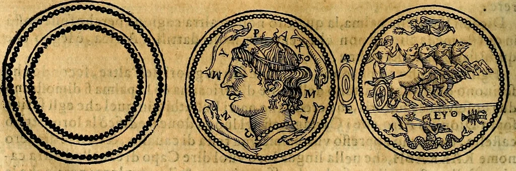 An illustration from Dialoghi di don Antonio Agostini archivescovo di Taracona, intorno alle medaglie, inscrittioni, & altre antichità, 1625, leaf 203