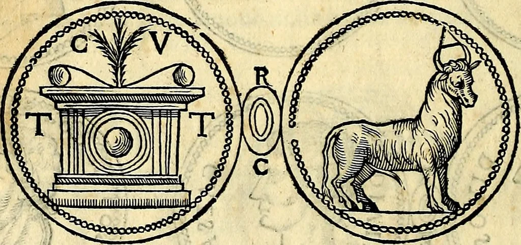 An illustration from Dialoghi di don Antonio Agostini archivescovo di Taracona, intorno alle medaglie, inscrittioni, & altre antichità, 1625, leaf 39