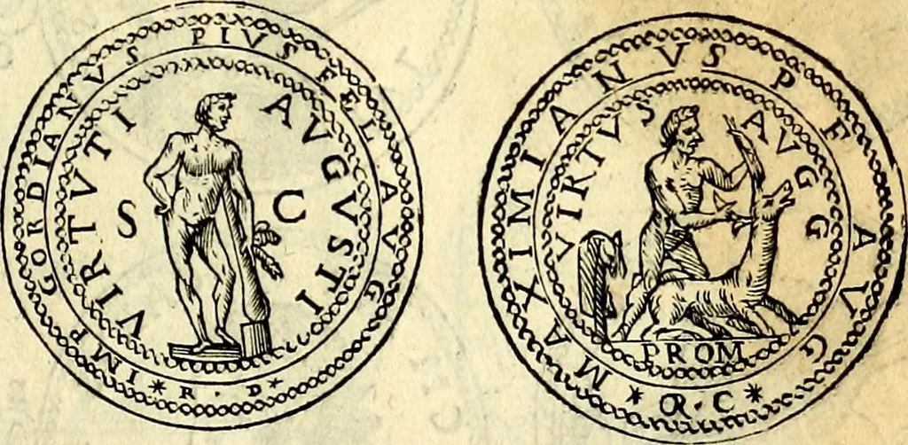 An illustration from Dialoghi di don Antonio Agostini archivescovo di Taracona, intorno alle medaglie, inscrittioni, & altre antichità, 1625, leaf 44