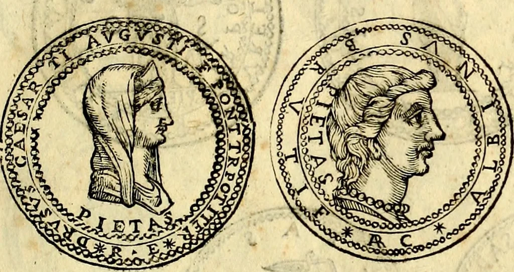 An illustration from Dialoghi di don Antonio Agostini archivescovo di Taracona, intorno alle medaglie, inscrittioni, & altre antichità, 1625, leaf 46