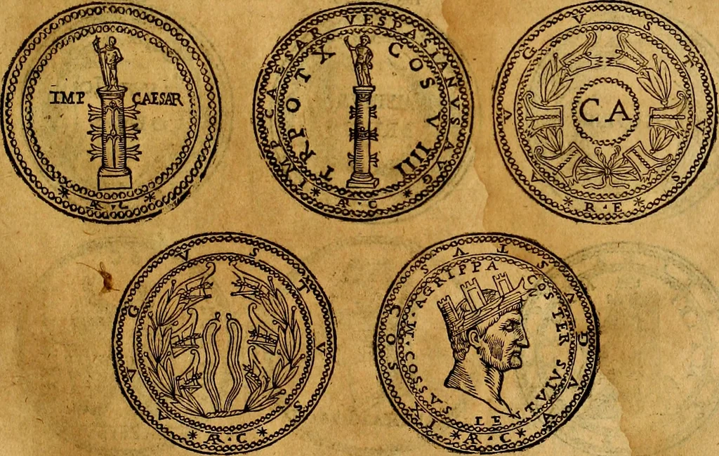 An illustration from Dialoghi di don Antonio Agostini archivescovo di Taracona, intorno alle medaglie, inscrittioni, & altre antichità, 1625, leaf 70