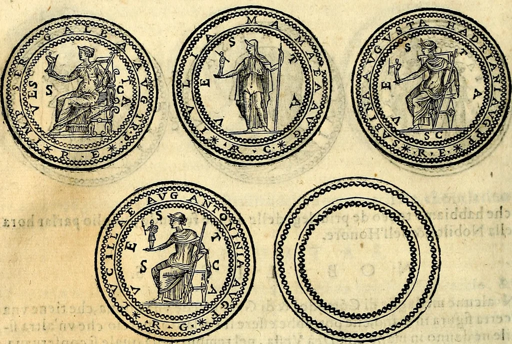 An illustration from Dialoghi di don Antonio Agostini archivescovo di Taracona, intorno alle medaglie, inscrittioni, & altre antichità, 1625, leaf 95