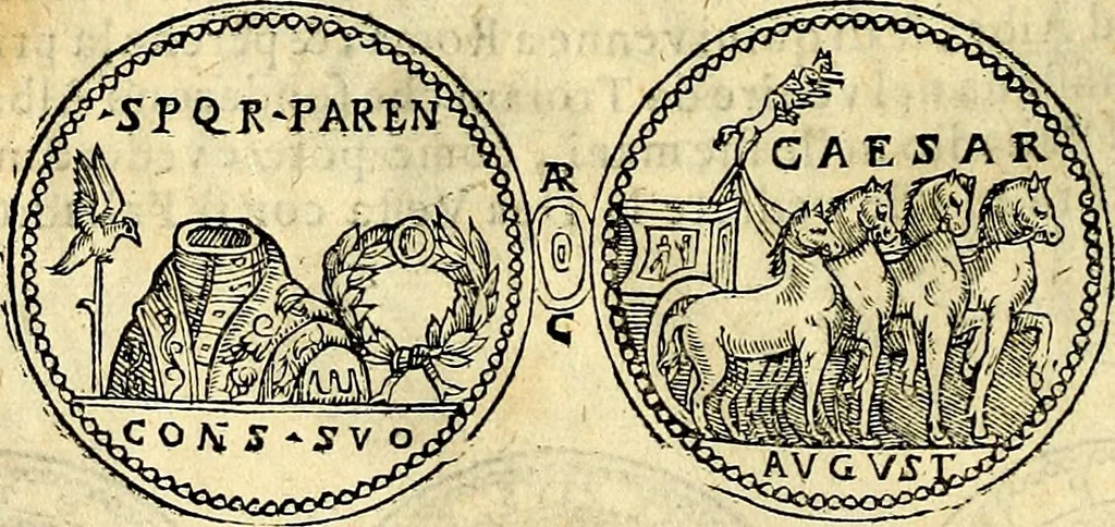 An illustration from Dialoghi di don Antonio Agostini archivescovo di Taracona, intorno alle medaglie, inscrittioni, & altre antichità, 1625, leaf 95