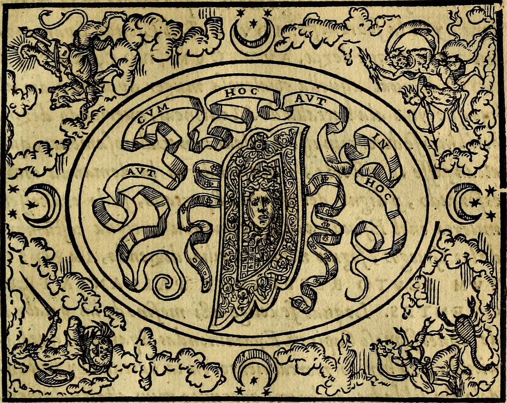 An illustration from Dialogo de las empresas militares, y amorosas, compuesto en lengua italiana, por el illvstre, y reverendissimo señor Paulo Iouio obispo de Nucera . En el qval se tracta de las devisas, armas, motes, o blasones de linages. Con vn razonemiento a esse proposito, del magnifico señot Ludouico Domeniqui. Todo nueuamente traduzido en romance castellano, por Alonso de Vlloa. Anadimos a esto las empresas heroicas, y morales, del señor Gabriel Symeon, 1561, leaf 110