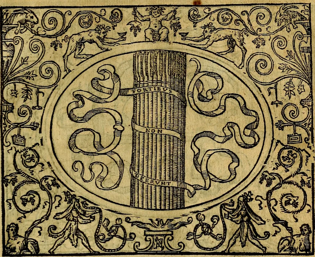 An illustration from Dialogo de las empresas militares, y amorosas, compuesto en lengua italiana, por el illvstre, y reverendissimo señor Paulo Iouio obispo de Nucera . En el qval se tracta de las devisas, armas, motes, o blasones de linages. Con vn razonemiento a esse proposito, del magnifico señot Ludouico Domeniqui. Todo nueuamente traduzido en romance castellano, por Alonso de Vlloa. Anadimos a esto las empresas heroicas, y morales, del señor Gabriel Symeon, 1561, leaf 120
