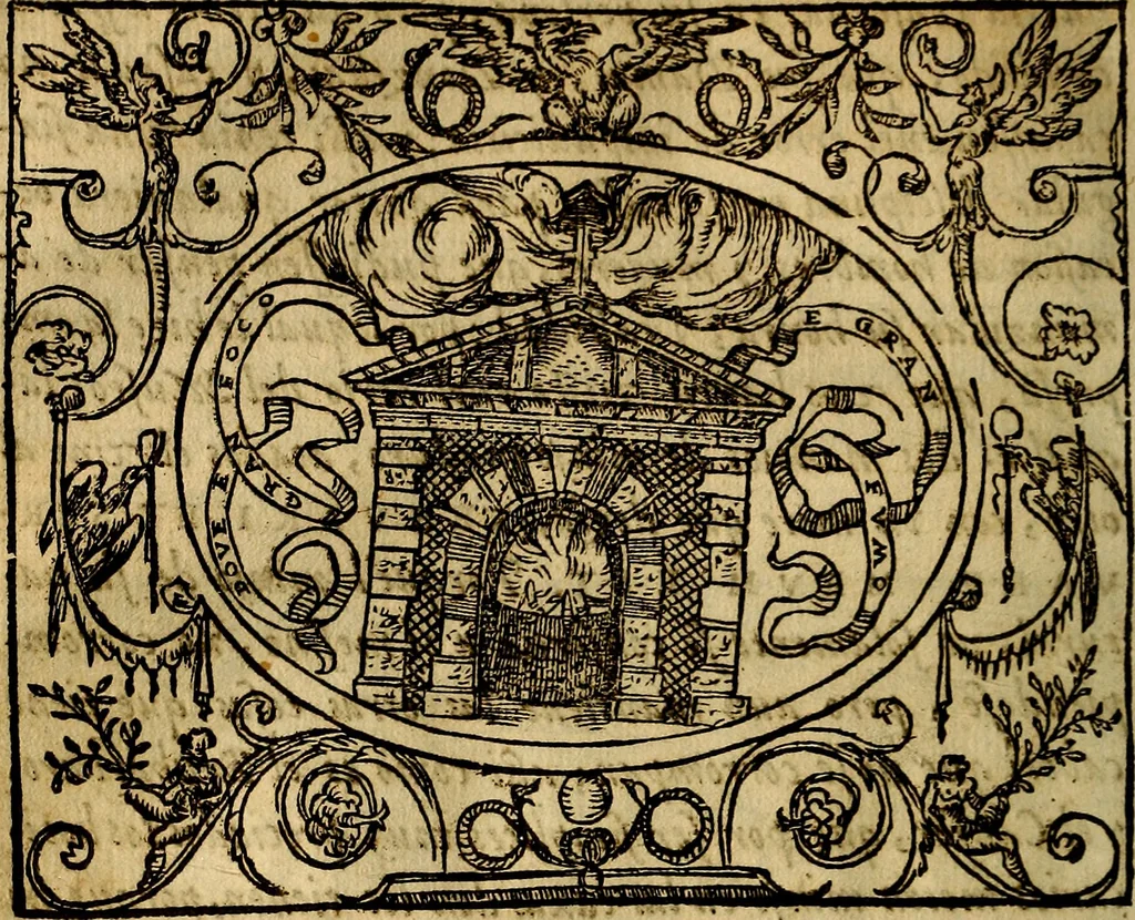 An illustration from Dialogo de las empresas militares, y amorosas, compuesto en lengua italiana, por el illvstre, y reverendissimo señor Paulo Iouio obispo de Nucera . En el qval se tracta de las devisas, armas, motes, o blasones de linages. Con vn razonemiento a esse proposito, del magnifico señot Ludouico Domeniqui. Todo nueuamente traduzido en romance castellano, por Alonso de Vlloa. Anadimos a esto las empresas heroicas, y morales, del señor Gabriel Symeon, 1561, leaf 127