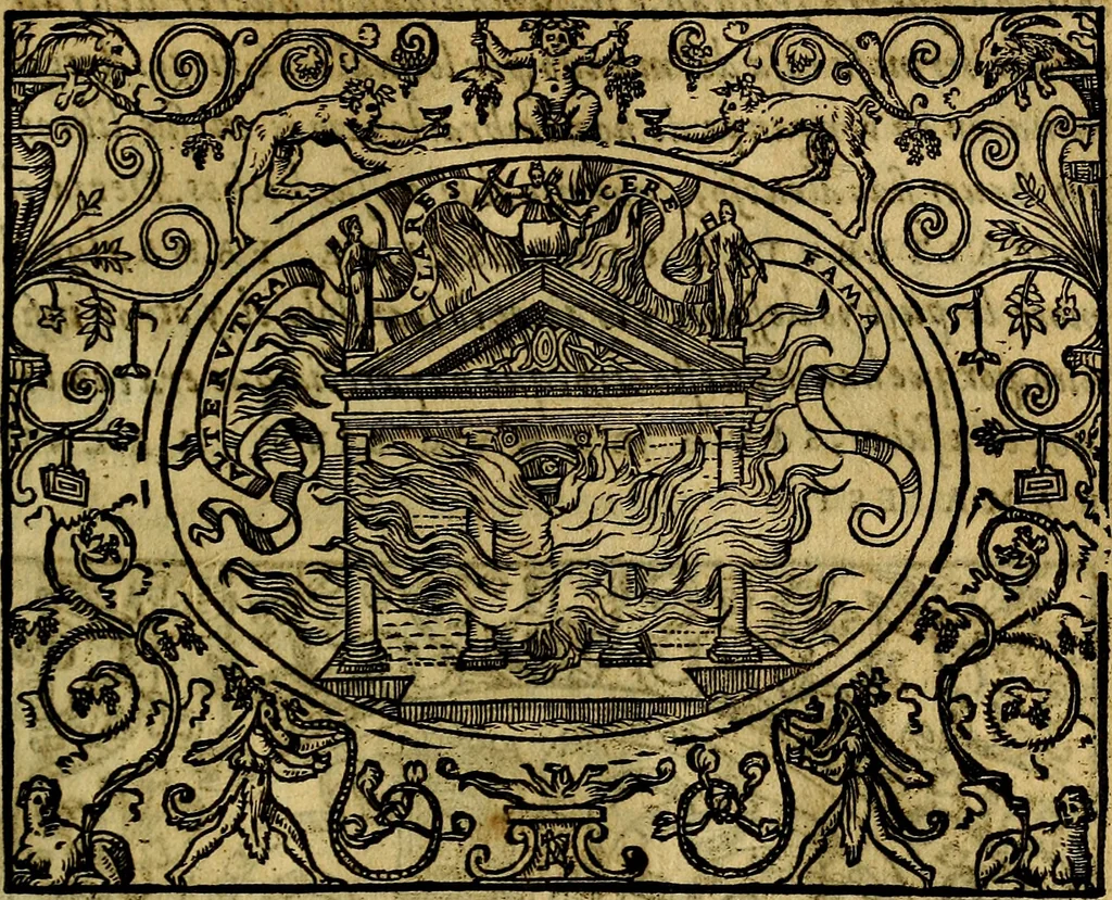 An illustration from Dialogo de las empresas militares, y amorosas, compuesto en lengua italiana, por el illvstre, y reverendissimo señor Paulo Iouio obispo de Nucera . En el qval se tracta de las devisas, armas, motes, o blasones de linages. Con vn razonemiento a esse proposito, del magnifico señot Ludouico Domeniqui. Todo nueuamente traduzido en romance castellano, por Alonso de Vlloa. Anadimos a esto las empresas heroicas, y morales, del señor Gabriel Symeon, 1561, leaf 134