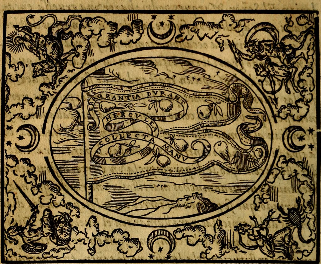 An illustration from Dialogo de las empresas militares, y amorosas, compuesto en lengua italiana, por el illvstre, y reverendissimo señor Paulo Iouio obispo de Nucera . En el qval se tracta de las devisas, armas, motes, o blasones de linages. Con vn razonemiento a esse proposito, del magnifico señot Ludouico Domeniqui. Todo nueuamente traduzido en romance castellano, por Alonso de Vlloa. Anadimos a esto las empresas heroicas, y morales, del señor Gabriel Symeon, 1561, leaf 137
