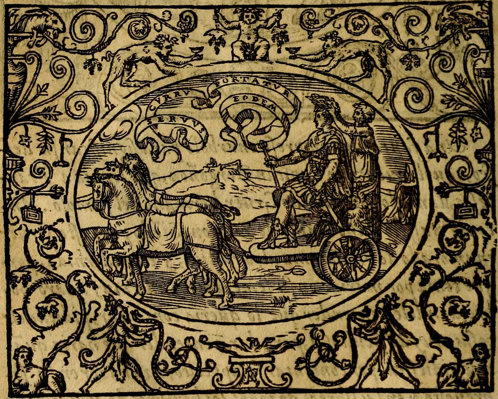 An illustration from Dialogo de las empresas militares, y amorosas, compuesto en lengua italiana, por el illvstre, y reverendissimo señor Paulo Iouio obispo de Nucera . En el qval se tracta de las devisas, armas, motes, o blasones de linages. Con vn razonemiento a esse proposito, del magnifico señot Ludouico Domeniqui. Todo nueuamente traduzido en romance castellano, por Alonso de Vlloa. Anadimos a esto las empresas heroicas, y morales, del señor Gabriel Symeon, 1561, leaf 139
