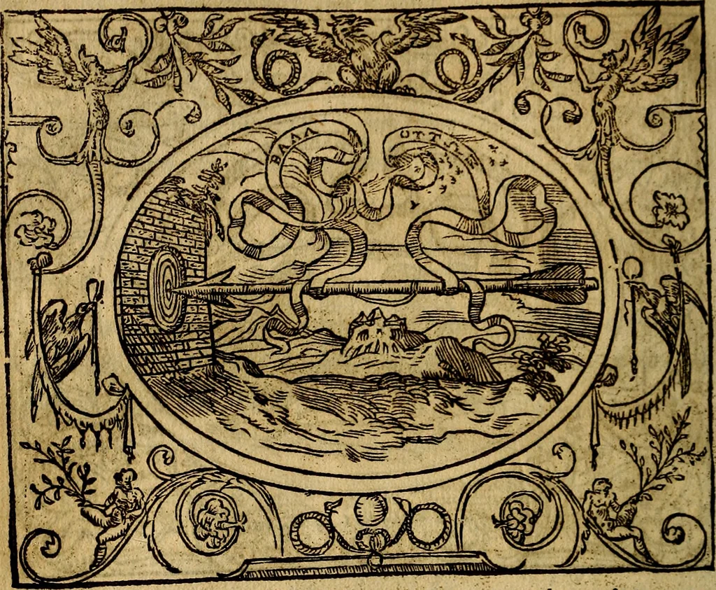An illustration from Dialogo de las empresas militares, y amorosas, compuesto en lengua italiana, por el illvstre, y reverendissimo señor Paulo Iouio obispo de Nucera . En el qval se tracta de las devisas, armas, motes, o blasones de linages. Con vn razonemiento a esse proposito, del magnifico señot Ludouico Domeniqui. Todo nueuamente traduzido en romance castellano, por Alonso de Vlloa. Anadimos a esto las empresas heroicas, y morales, del señor Gabriel Symeon, 1561, leaf 145