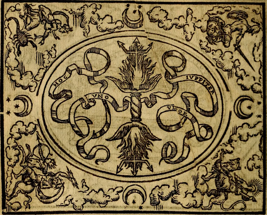 An illustration from Dialogo de las empresas militares, y amorosas, compuesto en lengua italiana, por el illvstre, y reverendissimo señor Paulo Iouio obispo de Nucera . En el qval se tracta de las devisas, armas, motes, o blasones de linages. Con vn razonemiento a esse proposito, del magnifico señot Ludouico Domeniqui. Todo nueuamente traduzido en romance castellano, por Alonso de Vlloa. Anadimos a esto las empresas heroicas, y morales, del señor Gabriel Symeon, 1561, leaf 147