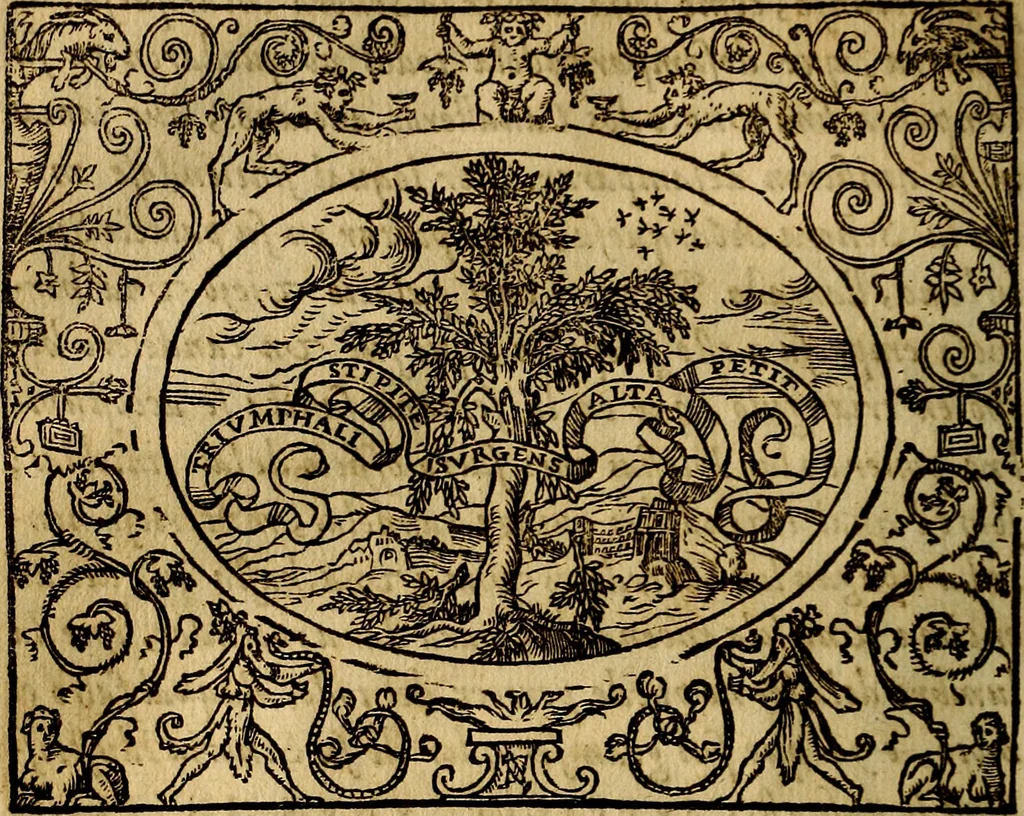 An illustration from Dialogo de las empresas militares, y amorosas, compuesto en lengua italiana, por el illvstre, y reverendissimo señor Paulo Iouio obispo de Nucera . En el qval se tracta de las devisas, armas, motes, o blasones de linages. Con vn razonemiento a esse proposito, del magnifico señot Ludouico Domeniqui. Todo nueuamente traduzido en romance castellano, por Alonso de Vlloa. Anadimos a esto las empresas heroicas, y morales, del señor Gabriel Symeon, 1561, leaf 151
