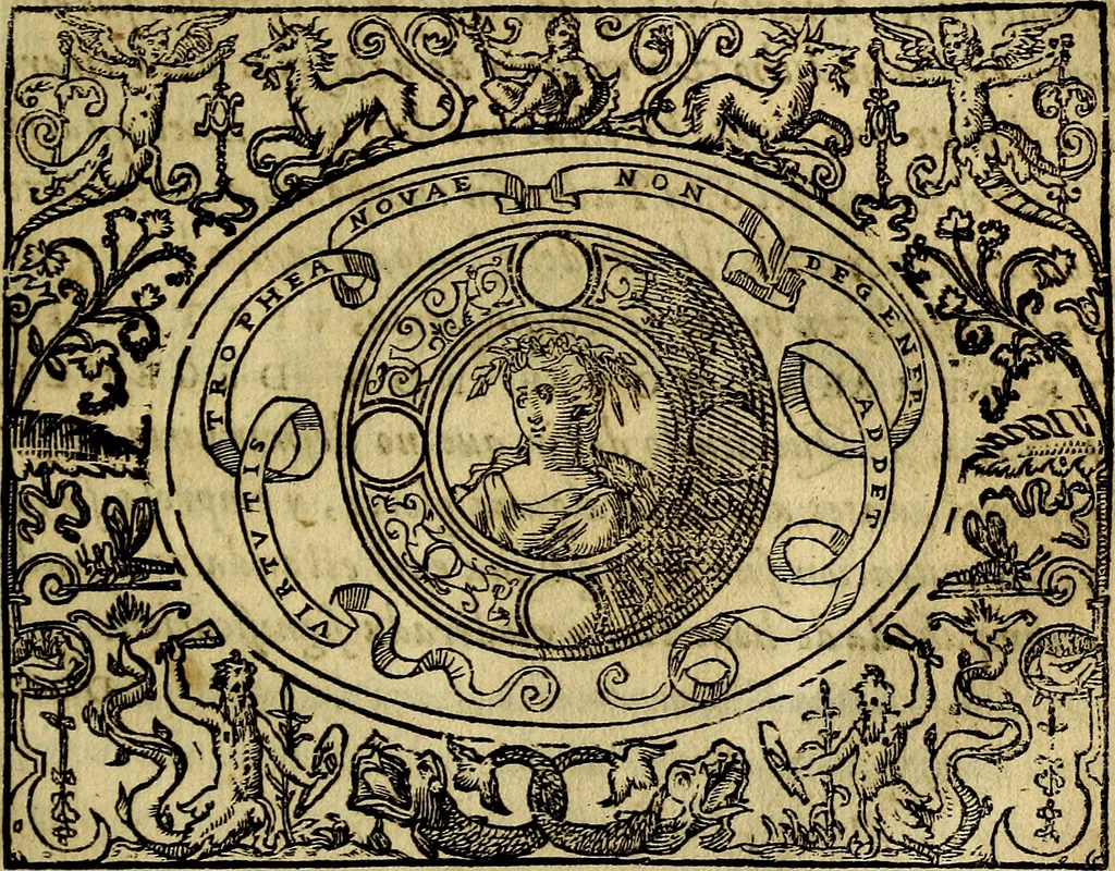 An illustration from Dialogo de las empresas militares, y amorosas, compuesto en lengua italiana, por el illvstre, y reverendissimo señor Paulo Iouio obispo de Nucera . En el qval se tracta de las devisas, armas, motes, o blasones de linages. Con vn razonemiento a esse proposito, del magnifico señot Ludouico Domeniqui. Todo nueuamente traduzido en romance castellano, por Alonso de Vlloa. Anadimos a esto las empresas heroicas, y morales, del señor Gabriel Symeon, 1561, leaf 152