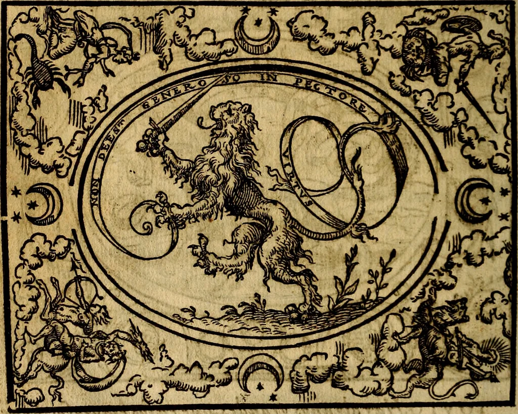 An illustration from Dialogo de las empresas militares, y amorosas, compuesto en lengua italiana, por el illvstre, y reverendissimo señor Paulo Iouio obispo de Nucera . En el qval se tracta de las devisas, armas, motes, o blasones de linages. Con vn razonemiento a esse proposito, del magnifico señot Ludouico Domeniqui. Todo nueuamente traduzido en romance castellano, por Alonso de Vlloa. Anadimos a esto las empresas heroicas, y morales, del señor Gabriel Symeon, 1561, leaf 157