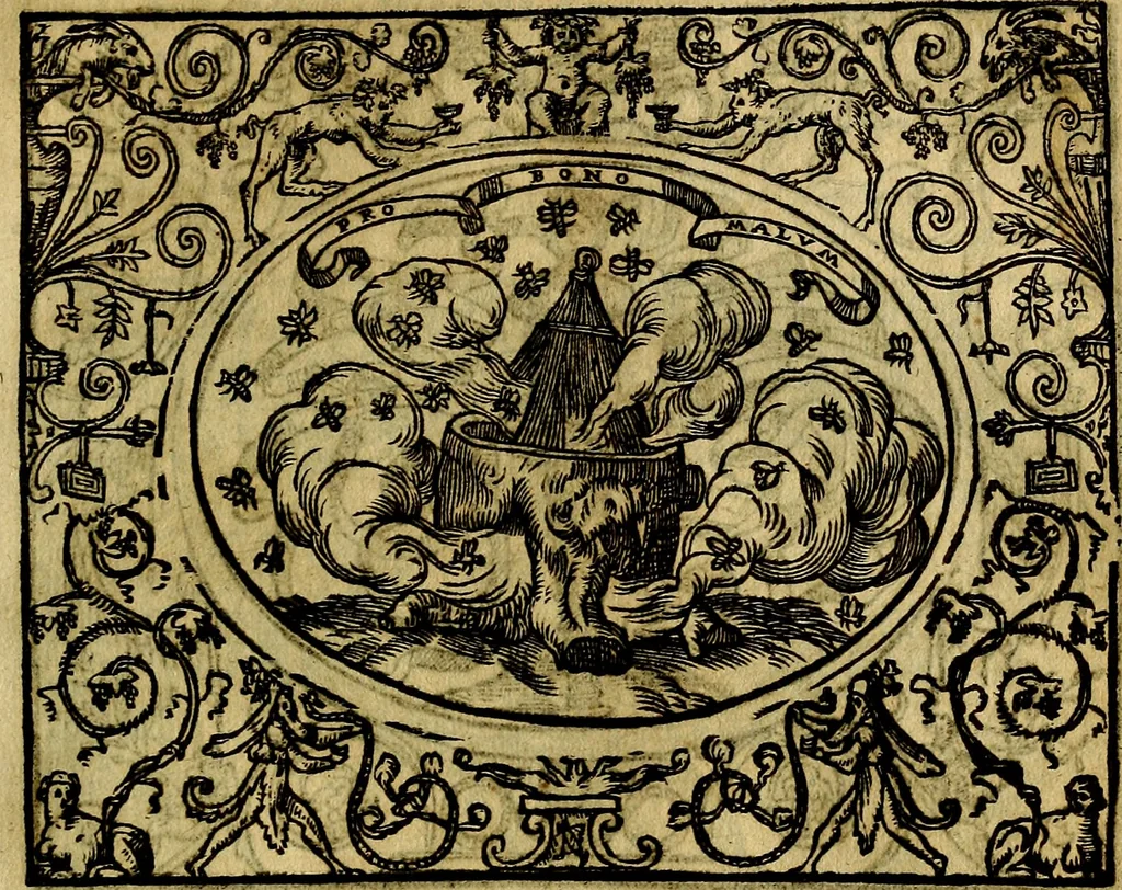 An illustration from Dialogo de las empresas militares, y amorosas, compuesto en lengua italiana, por el illvstre, y reverendissimo señor Paulo Iouio obispo de Nucera . En el qval se tracta de las devisas, armas, motes, o blasones de linages. Con vn razonemiento a esse proposito, del magnifico señot Ludouico Domeniqui. Todo nueuamente traduzido en romance castellano, por Alonso de Vlloa. Anadimos a esto las empresas heroicas, y morales, del señor Gabriel Symeon, 1561, leaf 162