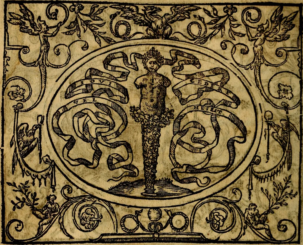 An illustration from Dialogo de las empresas militares, y amorosas, compuesto en lengua italiana, por el illvstre, y reverendissimo señor Paulo Iouio obispo de Nucera . En el qval se tracta de las devisas, armas, motes, o blasones de linages. Con vn razonemiento a esse proposito, del magnifico señot Ludouico Domeniqui. Todo nueuamente traduzido en romance castellano, por Alonso de Vlloa. Anadimos a esto las empresas heroicas, y morales, del señor Gabriel Symeon, 1561, leaf 163