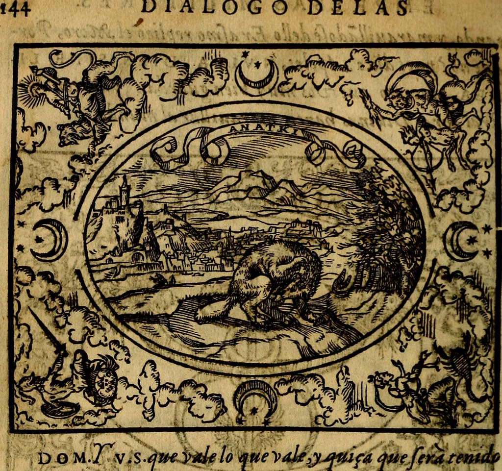 An illustration from Dialogo de las empresas militares, y amorosas, compuesto en lengua italiana, por el illvstre, y reverendissimo señor Paulo Iouio obispo de Nucera . En el qval se tracta de las devisas, armas, motes, o blasones de linages. Con vn razonemiento a esse proposito, del magnifico señot Ludouico Domeniqui. Todo nueuamente traduzido en romance castellano, por Alonso de Vlloa. Anadimos a esto las empresas heroicas, y morales, del señor Gabriel Symeon, 1561, leaf 165