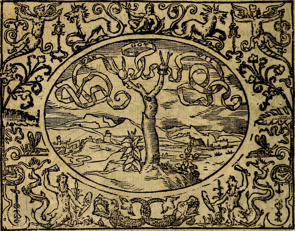 An illustration from Dialogo de las empresas militares, y amorosas, compuesto en lengua italiana, por el illvstre, y reverendissimo señor Paulo Iouio obispo de Nucera . En el qval se tracta de las devisas, armas, motes, o blasones de linages. Con vn razonemiento a esse proposito, del magnifico señot Ludouico Domeniqui. Todo nueuamente traduzido en romance castellano, por Alonso de Vlloa. Anadimos a esto las empresas heroicas, y morales, del señor Gabriel Symeon, 1561, leaf 167