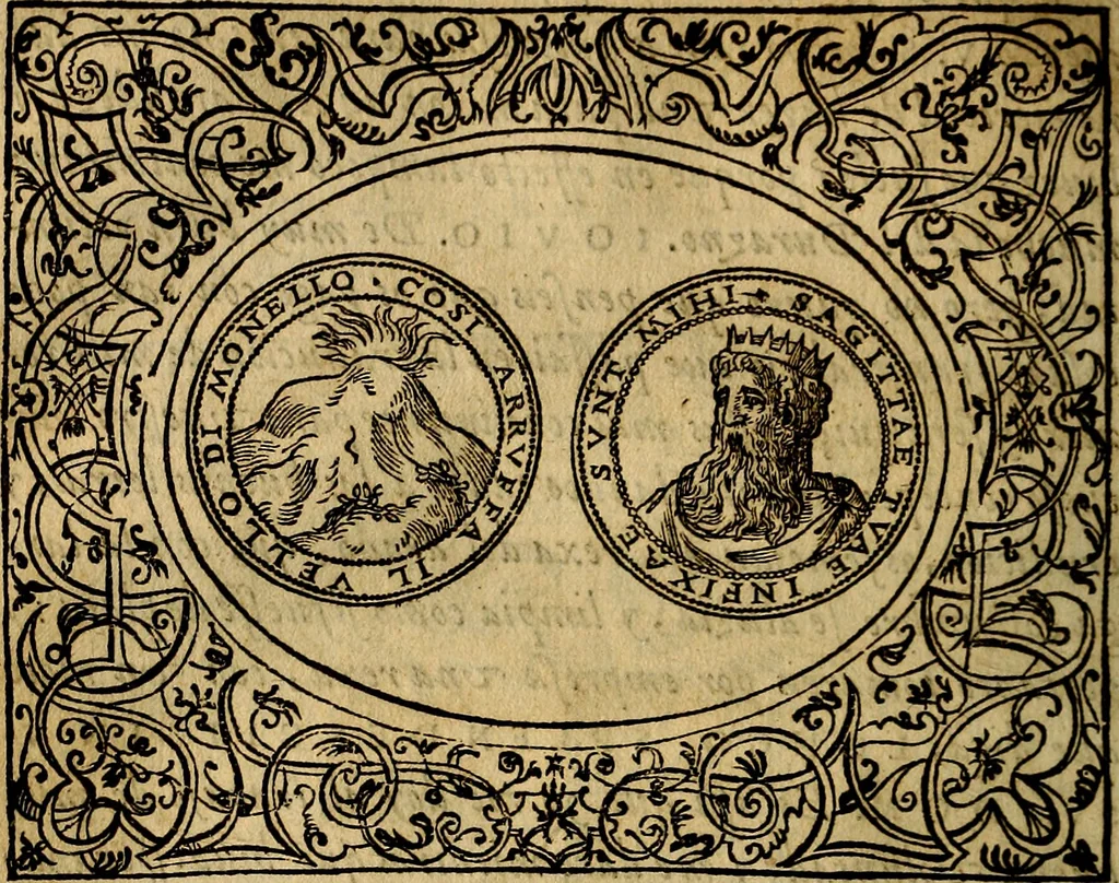 An illustration from Dialogo de las empresas militares, y amorosas, compuesto en lengua italiana, por el illvstre, y reverendissimo señor Paulo Iouio obispo de Nucera . En el qval se tracta de las devisas, armas, motes, o blasones de linages. Con vn razonemiento a esse proposito, del magnifico señot Ludouico Domeniqui. Todo nueuamente traduzido en romance castellano, por Alonso de Vlloa. Anadimos a esto las empresas heroicas, y morales, del señor Gabriel Symeon, 1561, leaf 171