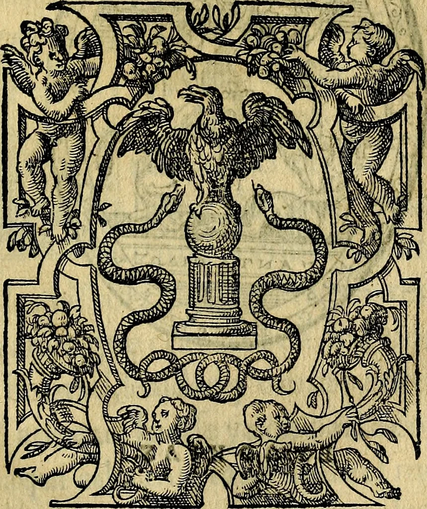An illustration from Dialogo de las empresas militares, y amorosas, compuesto en lengua italiana, por el illvstre, y reverendissimo señor Paulo Iouio obispo de Nucera . En el qval se tracta de las devisas, armas, motes, o blasones de linages. Con vn razonemiento a esse proposito, del magnifico señot Ludouico Domeniqui. Todo nueuamente traduzido en romance castellano, por Alonso de Vlloa. Anadimos a esto las empresas heroicas, y morales, del señor Gabriel Symeon, 1561, leaf 242