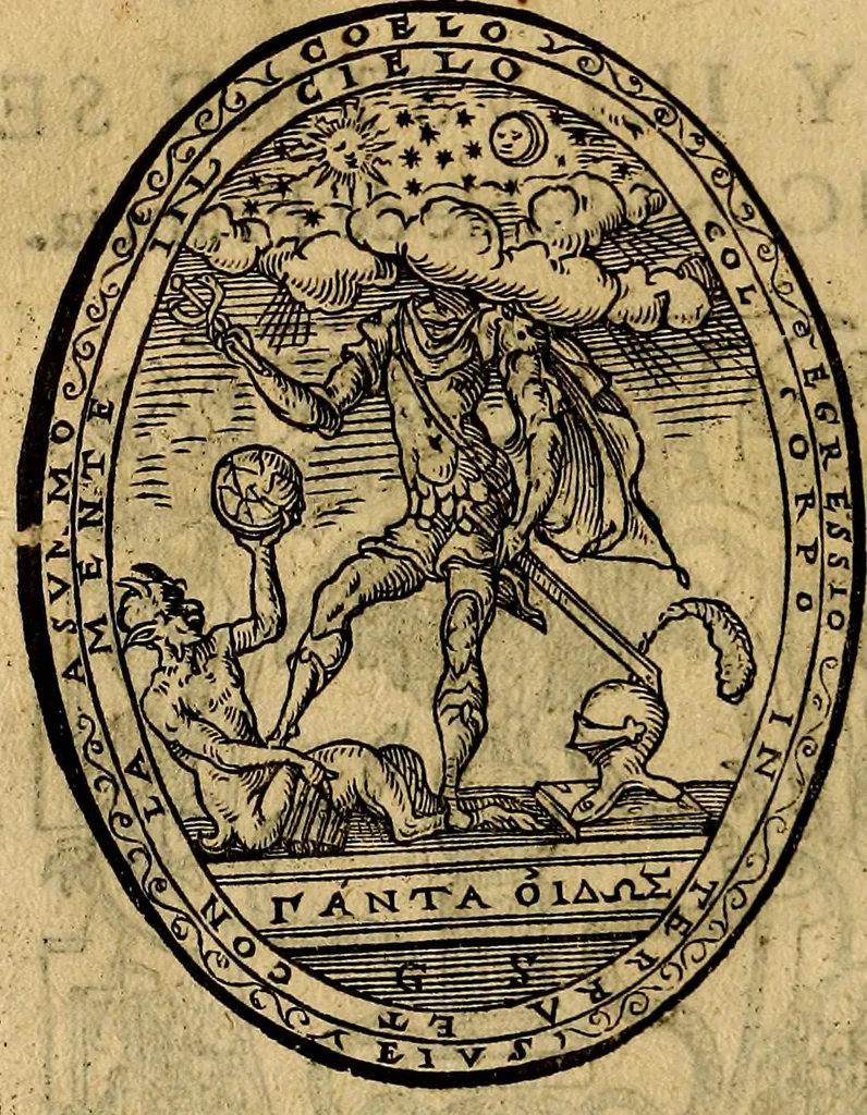 An illustration from Dialogo de las empresas militares, y amorosas, compuesto en lengua italiana, por el illvstre, y reverendissimo señor Paulo Iouio obispo de Nucera . En el qval se tracta de las devisas, armas, motes, o blasones de linages. Con vn razonemiento a esse proposito, del magnifico señot Ludouico Domeniqui. Todo nueuamente traduzido en romance castellano, por Alonso de Vlloa. Anadimos a esto las empresas heroicas, y morales, del señor Gabriel Symeon, 1561, leaf 243