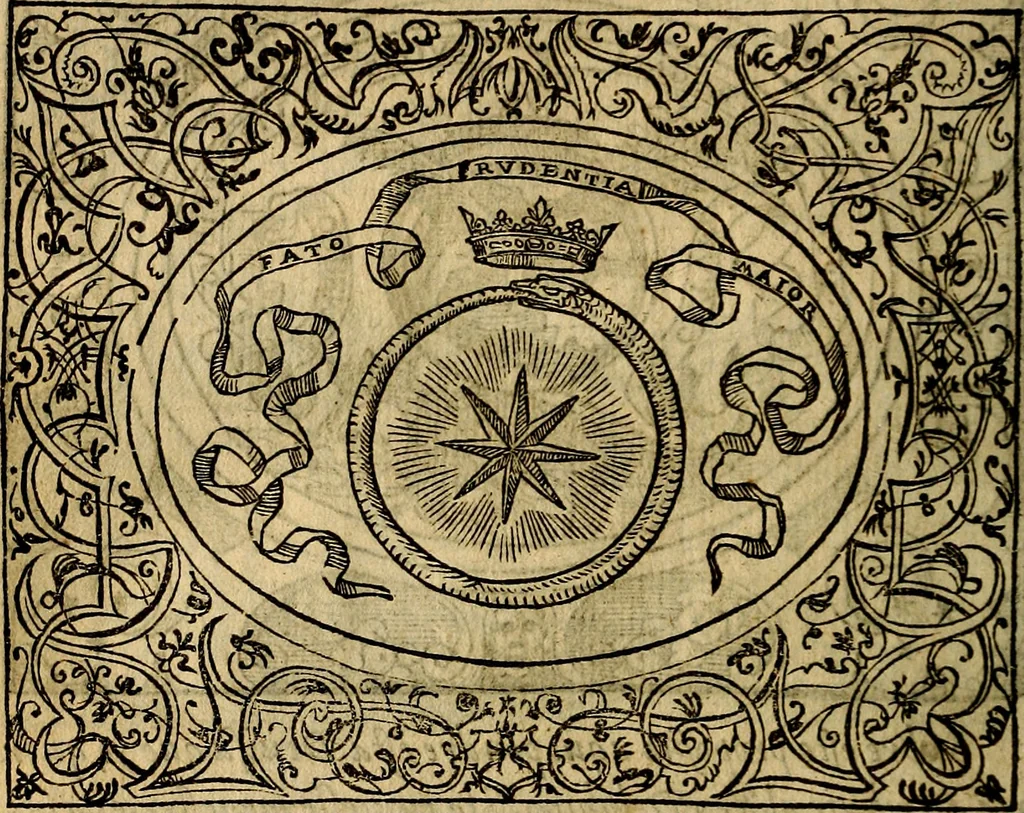 An illustration from Dialogo de las empresas militares, y amorosas, compuesto en lengua italiana, por el illvstre, y reverendissimo señor Paulo Iouio obispo de Nucera . En el qval se tracta de las devisas, armas, motes, o blasones de linages. Con vn razonemiento a esse proposito, del magnifico señot Ludouico Domeniqui. Todo nueuamente traduzido en romance castellano, por Alonso de Vlloa. Anadimos a esto las empresas heroicas, y morales, del señor Gabriel Symeon, 1561, leaf 251