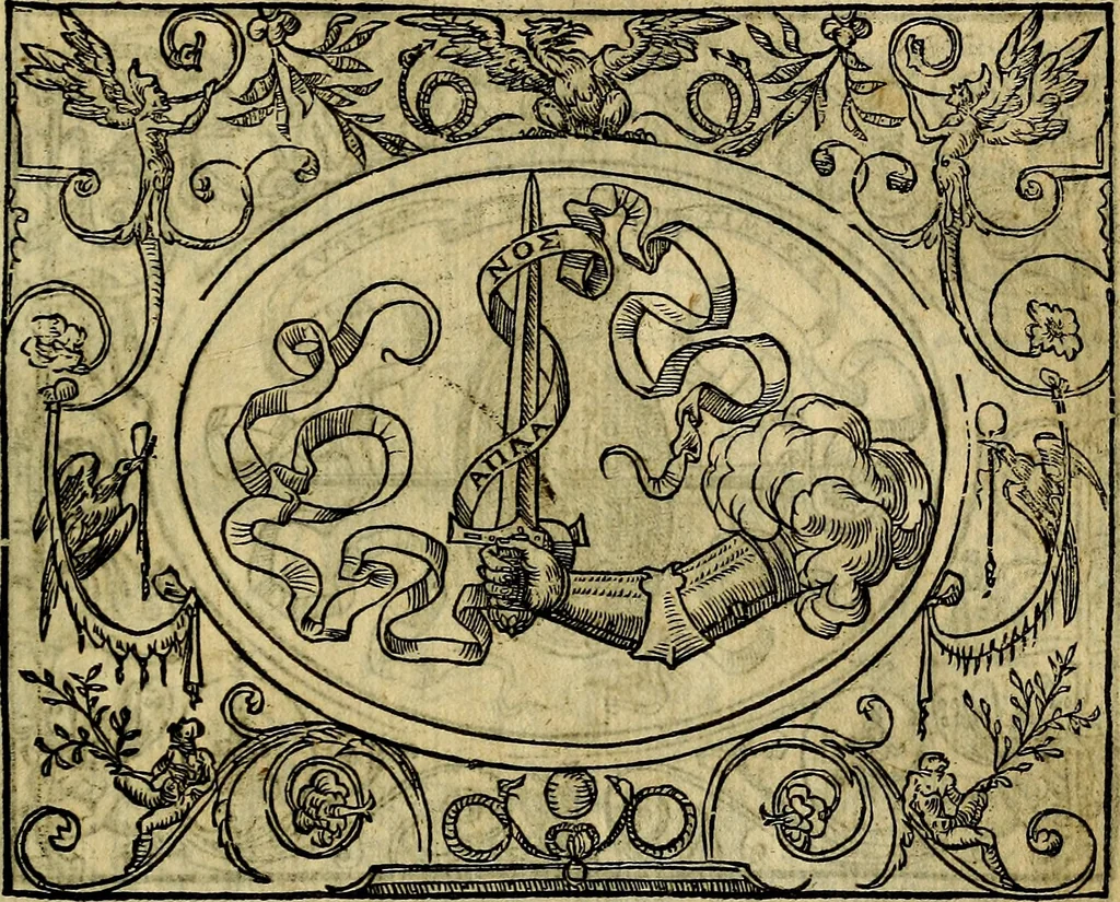 An illustration from Dialogo de las empresas militares, y amorosas, compuesto en lengua italiana, por el illvstre, y reverendissimo señor Paulo Iouio obispo de Nucera . En el qval se tracta de las devisas, armas, motes, o blasones de linages. Con vn razonemiento a esse proposito, del magnifico señot Ludouico Domeniqui. Todo nueuamente traduzido en romance castellano, por Alonso de Vlloa. Anadimos a esto las empresas heroicas, y morales, del señor Gabriel Symeon, 1561, leaf 254