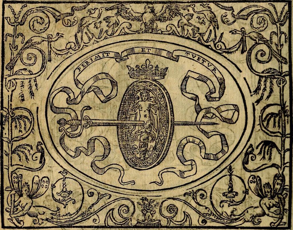 An illustration from Dialogo de las empresas militares, y amorosas, compuesto en lengua italiana, por el illvstre, y reverendissimo señor Paulo Iouio obispo de Nucera . En el qval se tracta de las devisas, armas, motes, o blasones de linages. Con vn razonemiento a esse proposito, del magnifico señot Ludouico Domeniqui. Todo nueuamente traduzido en romance castellano, por Alonso de Vlloa. Anadimos a esto las empresas heroicas, y morales, del señor Gabriel Symeon, 1561, leaf 255
