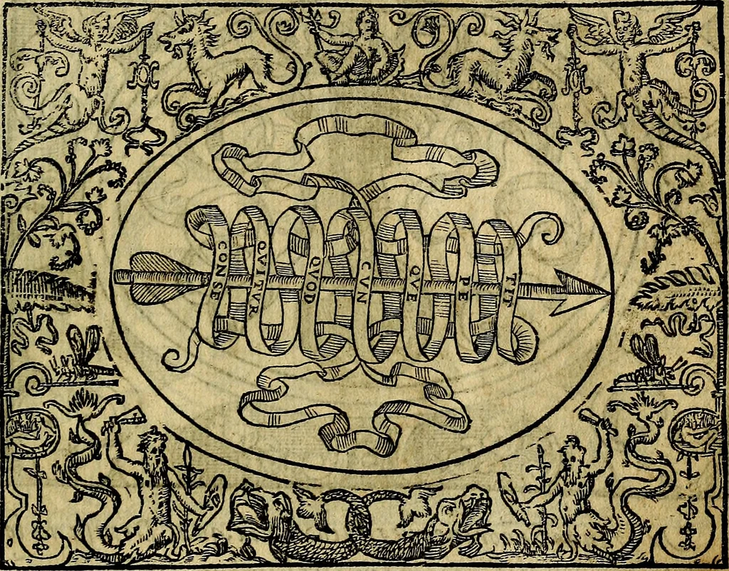 An illustration from Dialogo de las empresas militares, y amorosas, compuesto en lengua italiana, por el illvstre, y reverendissimo señor Paulo Iouio obispo de Nucera . En el qval se tracta de las devisas, armas, motes, o blasones de linages. Con vn razonemiento a esse proposito, del magnifico señot Ludouico Domeniqui. Todo nueuamente traduzido en romance castellano, por Alonso de Vlloa. Anadimos a esto las empresas heroicas, y morales, del señor Gabriel Symeon, 1561, leaf 256