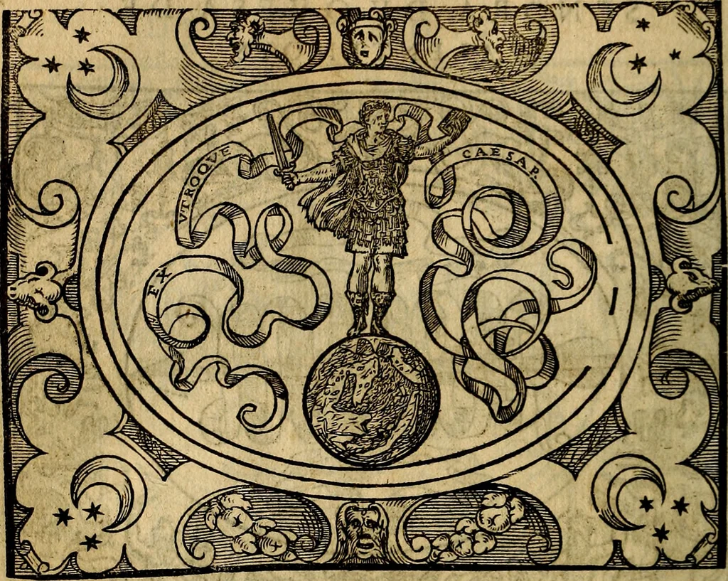 An illustration from Dialogo de las empresas militares, y amorosas, compuesto en lengua italiana, por el illvstre, y reverendissimo señor Paulo Iouio obispo de Nucera . En el qval se tracta de las devisas, armas, motes, o blasones de linages. Con vn razonemiento a esse proposito, del magnifico señot Ludouico Domeniqui. Todo nueuamente traduzido en romance castellano, por Alonso de Vlloa. Anadimos a esto las empresas heroicas, y morales, del señor Gabriel Symeon, 1561, leaf 257