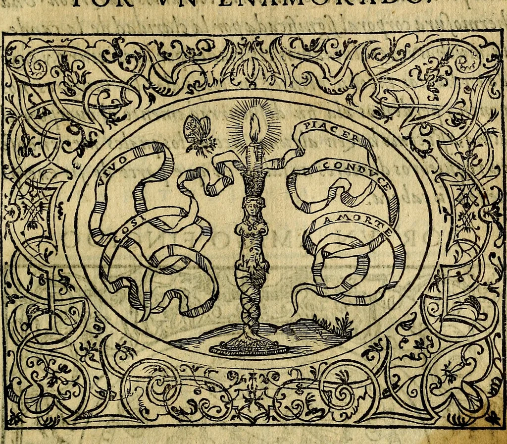An illustration from Dialogo de las empresas militares, y amorosas, compuesto en lengua italiana, por el illvstre, y reverendissimo señor Paulo Iouio obispo de Nucera . En el qval se tracta de las devisas, armas, motes, o blasones de linages. Con vn razonemiento a esse proposito, del magnifico señot Ludouico Domeniqui. Todo nueuamente traduzido en romance castellano, por Alonso de Vlloa. Anadimos a esto las empresas heroicas, y morales, del señor Gabriel Symeon, 1561, leaf 260