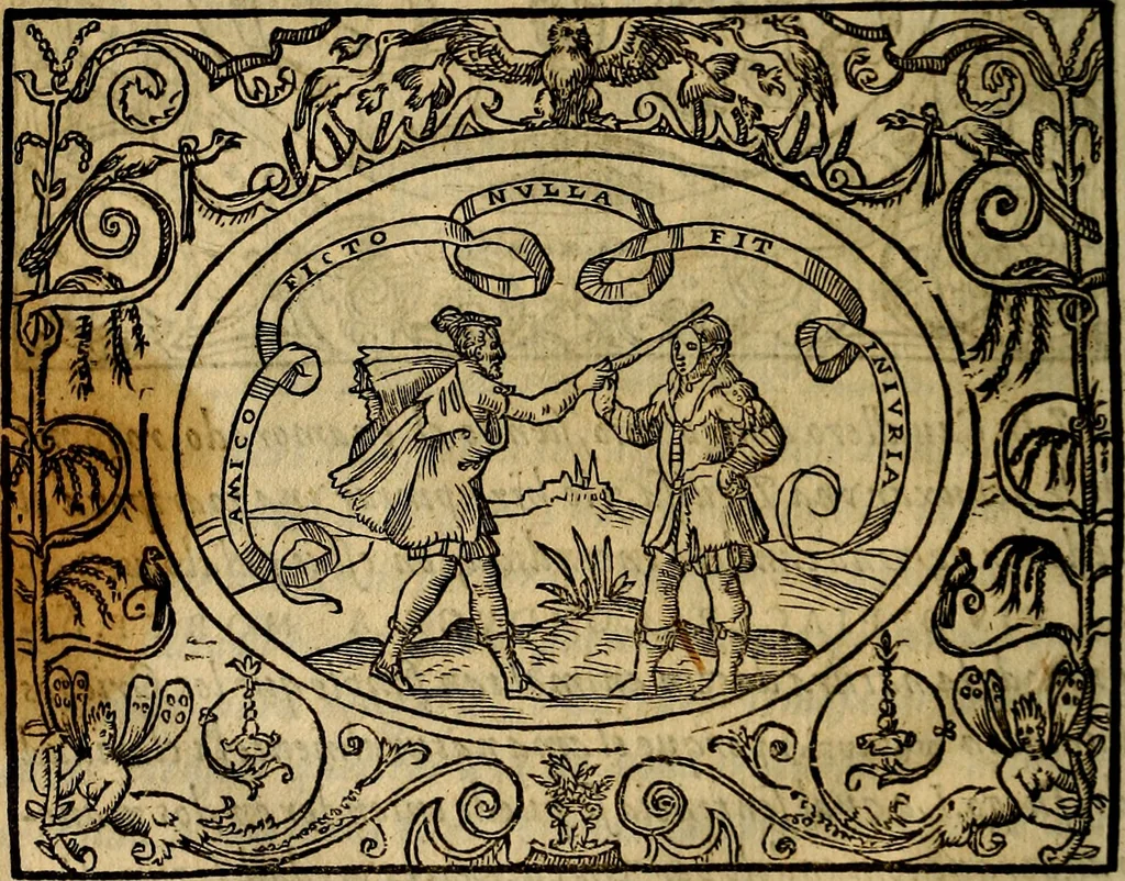 An illustration from Dialogo de las empresas militares, y amorosas, compuesto en lengua italiana, por el illvstre, y reverendissimo señor Paulo Iouio obispo de Nucera . En el qval se tracta de las devisas, armas, motes, o blasones de linages. Con vn razonemiento a esse proposito, del magnifico señot Ludouico Domeniqui. Todo nueuamente traduzido en romance castellano, por Alonso de Vlloa. Anadimos a esto las empresas heroicas, y morales, del señor Gabriel Symeon, 1561, leaf 261