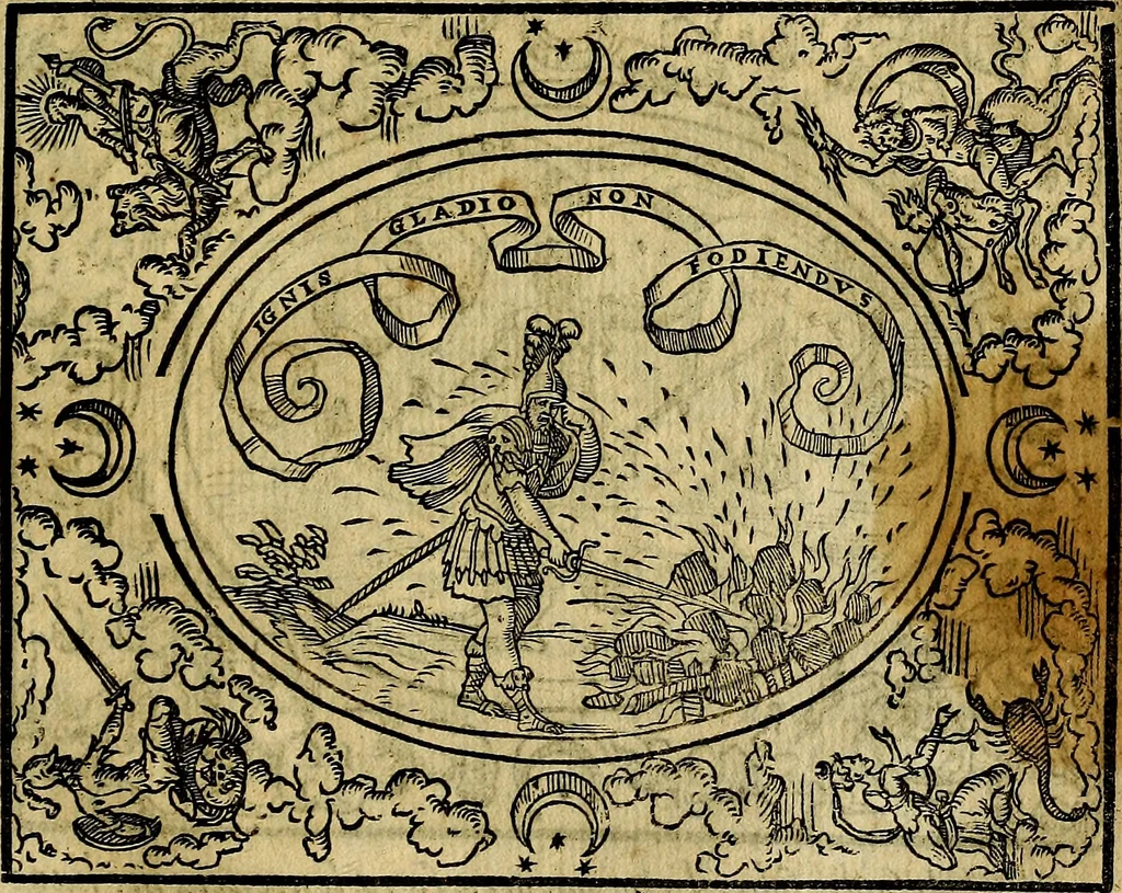 An illustration from Dialogo de las empresas militares, y amorosas, compuesto en lengua italiana, por el illvstre, y reverendissimo señor Paulo Iouio obispo de Nucera . En el qval se tracta de las devisas, armas, motes, o blasones de linages. Con vn razonemiento a esse proposito, del magnifico señot Ludouico Domeniqui. Todo nueuamente traduzido en romance castellano, por Alonso de Vlloa. Anadimos a esto las empresas heroicas, y morales, del señor Gabriel Symeon, 1561, leaf 262